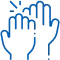 Multiple hands raised together showing support, care, and community participation in dental health.