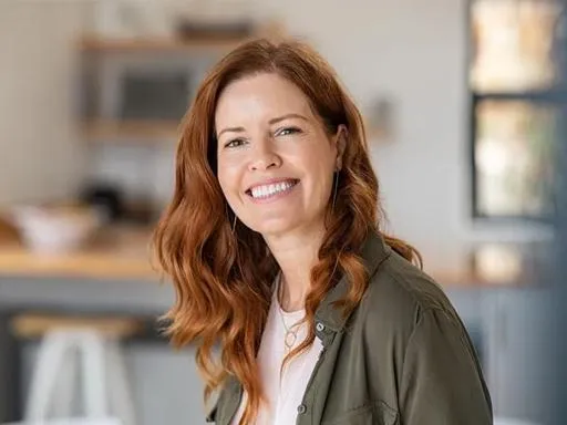 Woman with reddish-brown hair smiling in modern dental office setting.