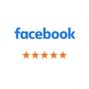 Facebook logo with five orange stars below it, indicating a high customer rating for Gulfside Dental & Orthodontics.