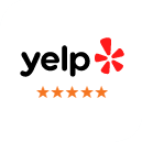 Yelp logo with five gold stars indicating a perfect rating for Gulfside Dental & Orthodontics.
